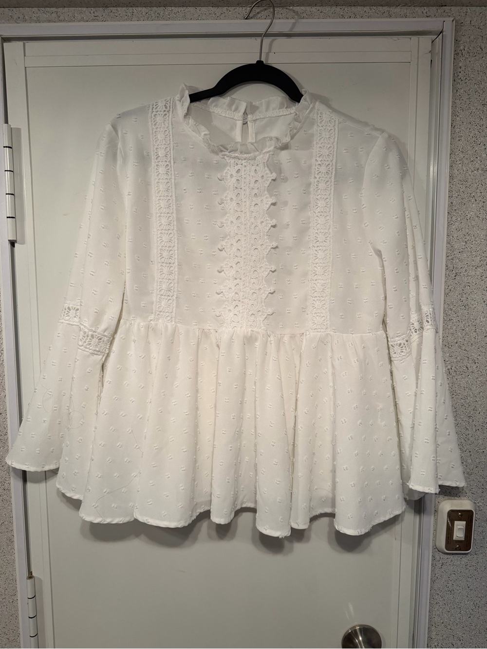 White Swiss Dot Peplum Lace-Trim Blouse